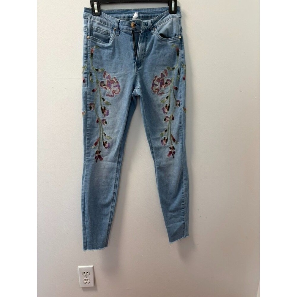 Venus Floral Embroidered Boho Jeans Size 6 Cottagecore Y2k Fairycore Raw Hem